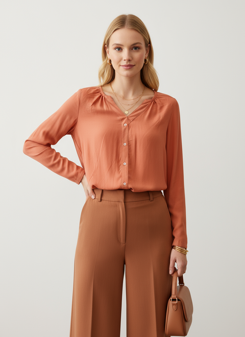 Turuncu düğme detaylı bluz