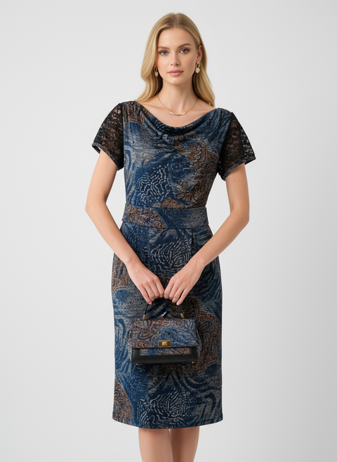 dantel ve pul detaylı karışık desenli kemerli elbise