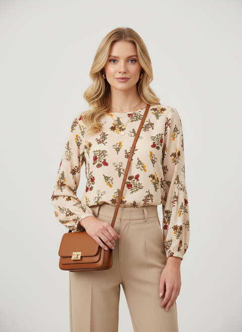 Çiçek desenli bej renginde bluz