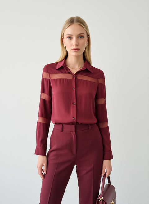 Bordo kolları tül detaylı gömlek
