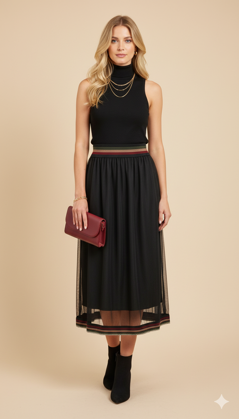 Bel ve etek ucu renk geçişli Beli lastikli astarlı siyah tül etek