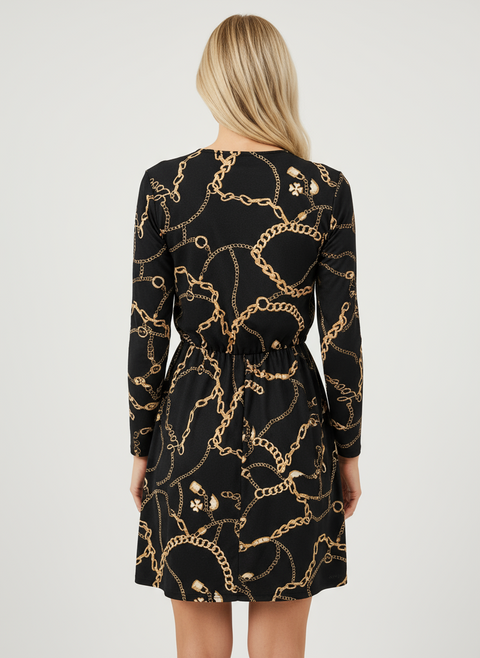 Zincir desenli beli lastikli siyah elbise