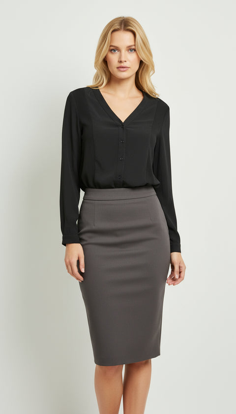 Siyah asimetrik kesim yanları transparan uzun kol gömlek