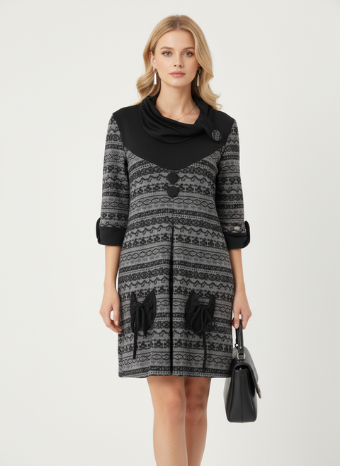 etnik desen boğazlı siyah kahverengi elbise