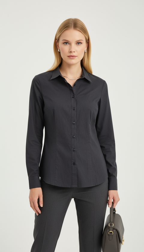 Basic siyah yarım top düğme gömlek