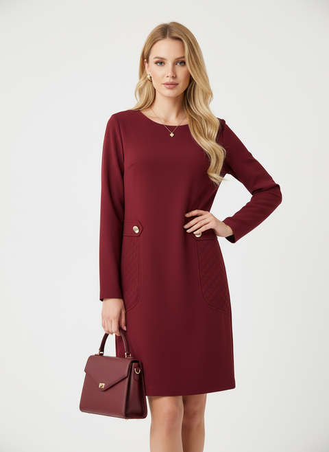 Yaka taşlı bordo elbise
