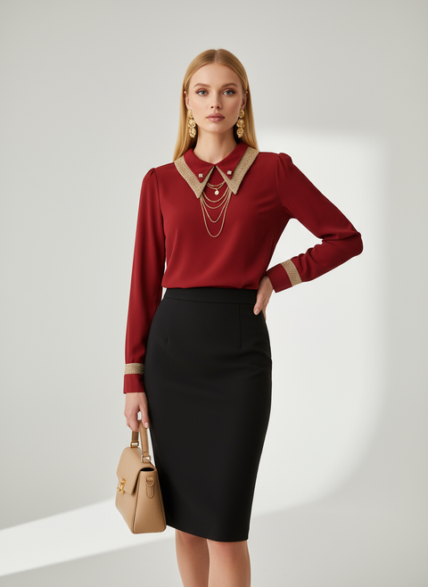 Yakası taş detaylı bordo bluz