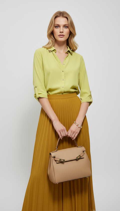 Yaka uçları metal detaylı truvakar kol yeşil gömlek