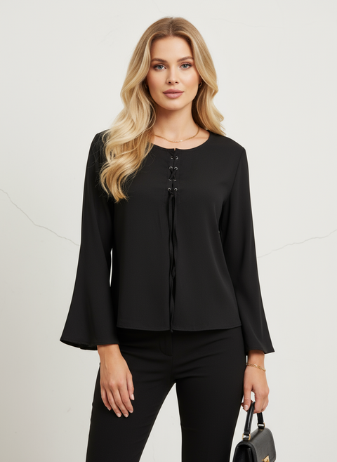 Önü çapraz bağlamalı siyah bluz