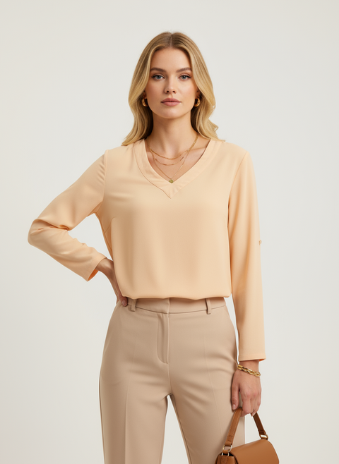 V yaka şifon toz bej bluz