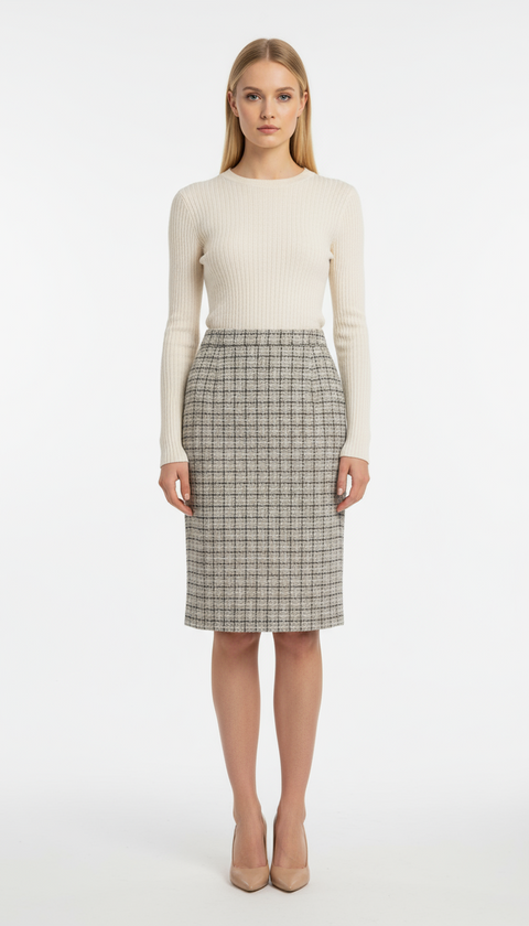 Yırtmaç detaylı kare desen kumaş gri kalem etek