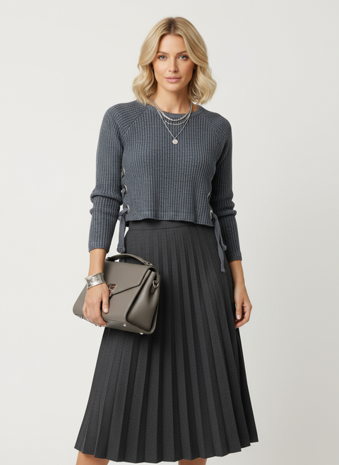 Yanları bağlama detaylı gri kazak