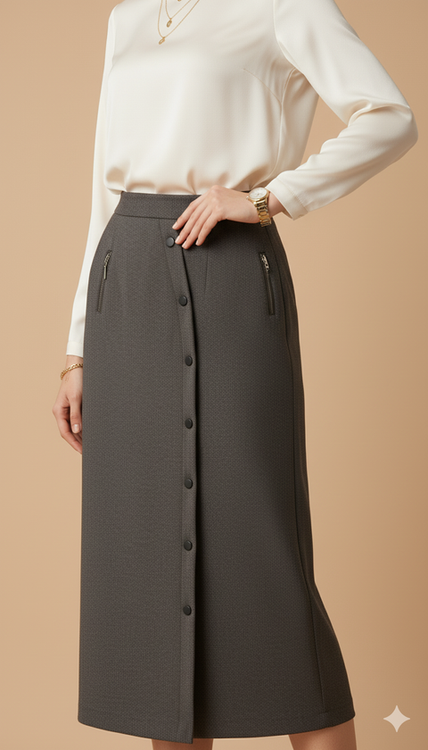 Haki düğme detaylı maksi boy etek