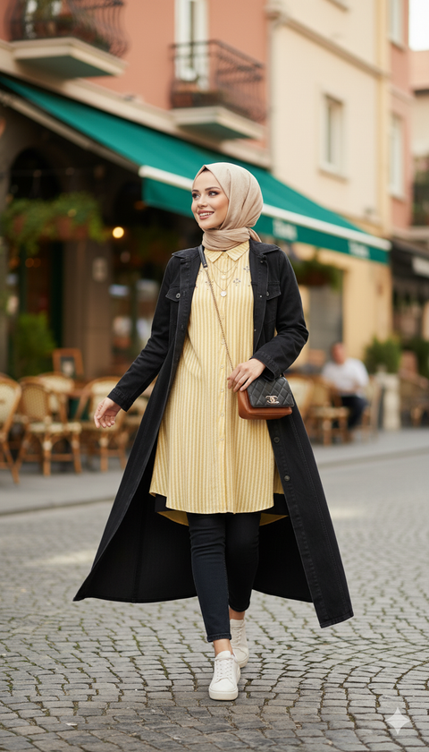 Taş detaylı kolları dantelli bağlamalı sarı tunik