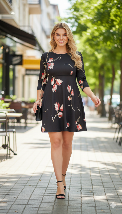Siyah Lale Desenli Mini Boy Elbise