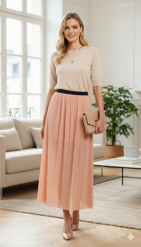 Pileli yarım astarlı siyah beli lastikli somon rengi maxi etek