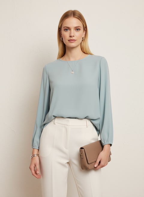 Su yeşili kolları lastik detaylı bluz