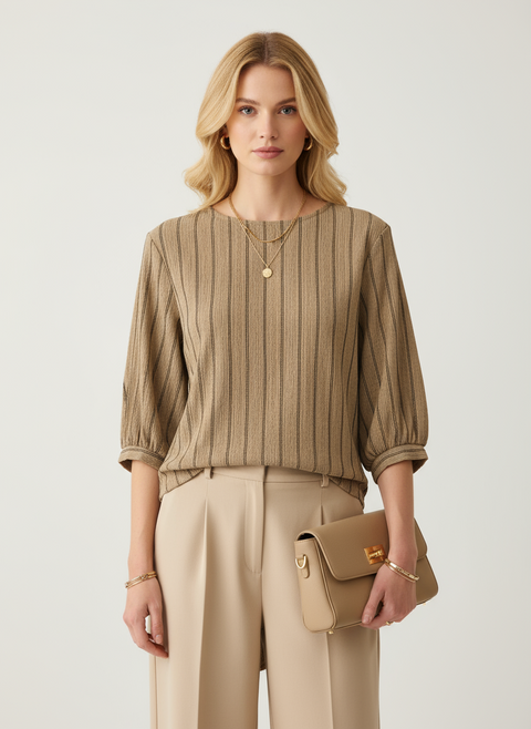 çizgili kemer detaylı kahverengi bluz