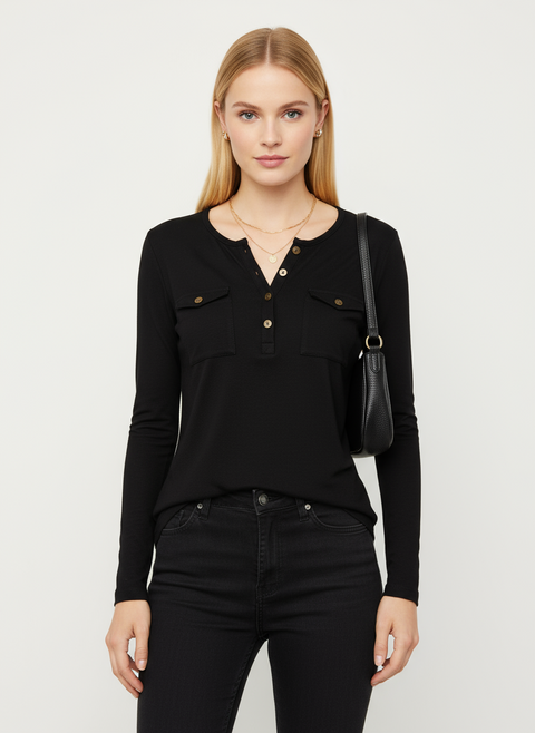 Düğmeli önü siyah bluz