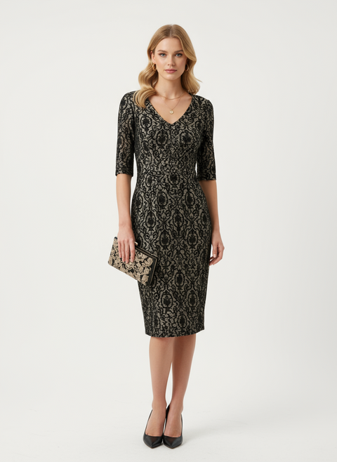 Yeşil dantel detaylı v yaka elbise