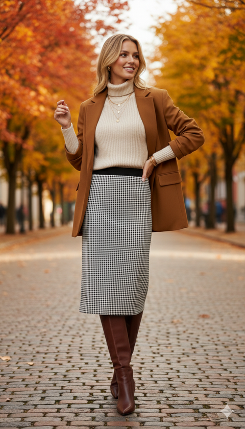 Kare desenli diz hizası etek