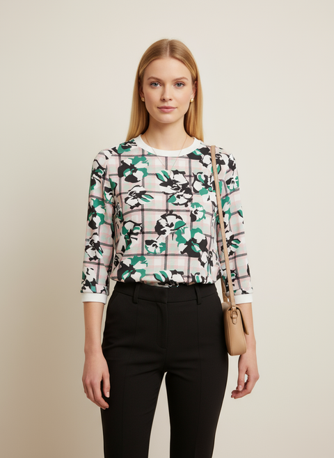 renkli çiçek desenli pembe-yeşil bluz