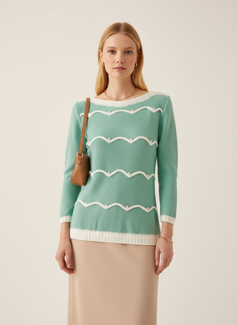 Boncuklu kurdele detaylı yeşil kazak