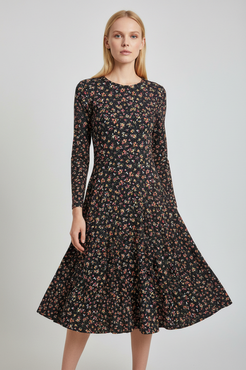 kruvaze yaka çiçekli siyah elbise