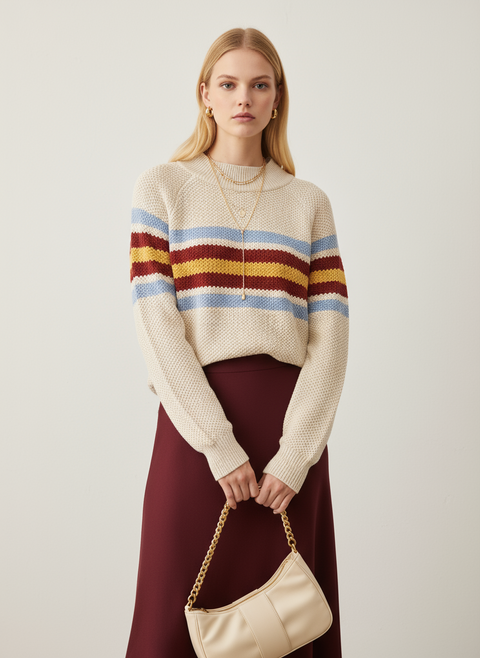 Çizgi desenli bej Kazak