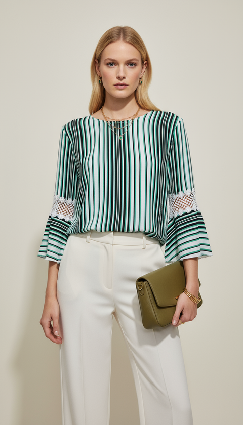 Siyah yeşil çizgili İspanyol kol dirsekleri çiçek dantel detaylı bluz