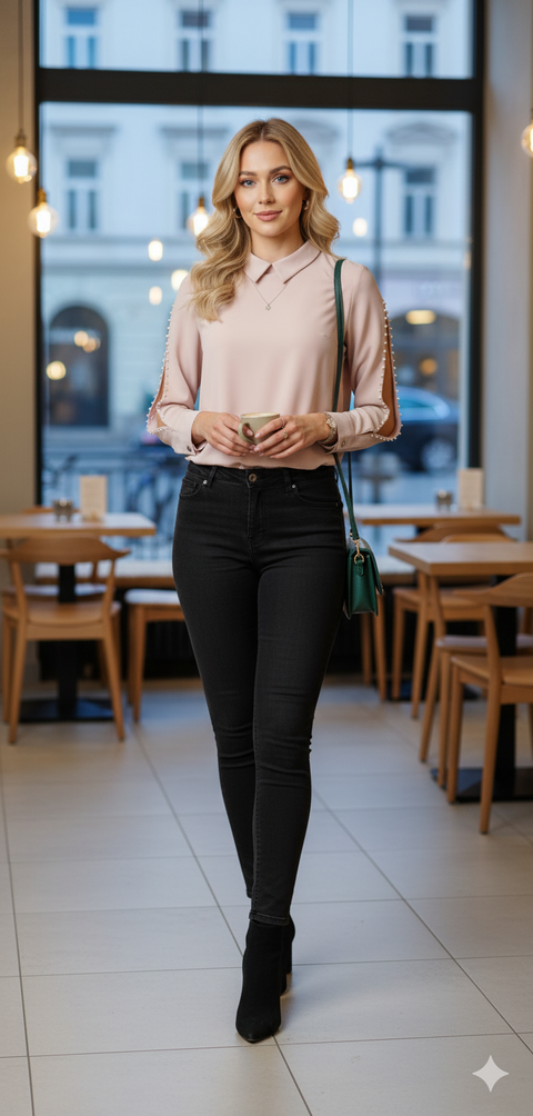 Kolları inci ve full pencere detaylı pembe bluz
