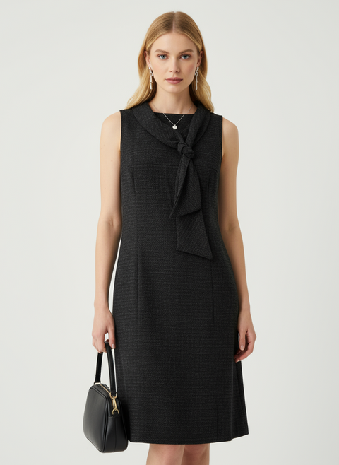 fular yaka detaylı füme kumaş elbise