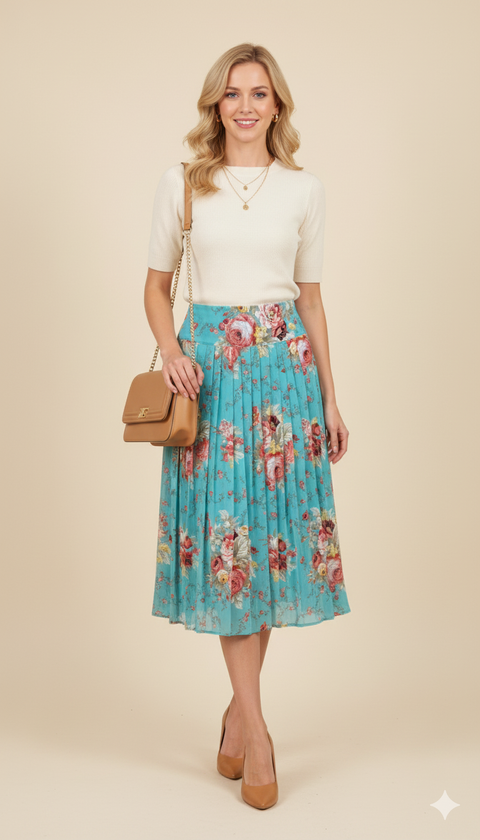 Pileli nar çiçeği büyük gül desenli yandan fermuarlı astarlı şifon etek