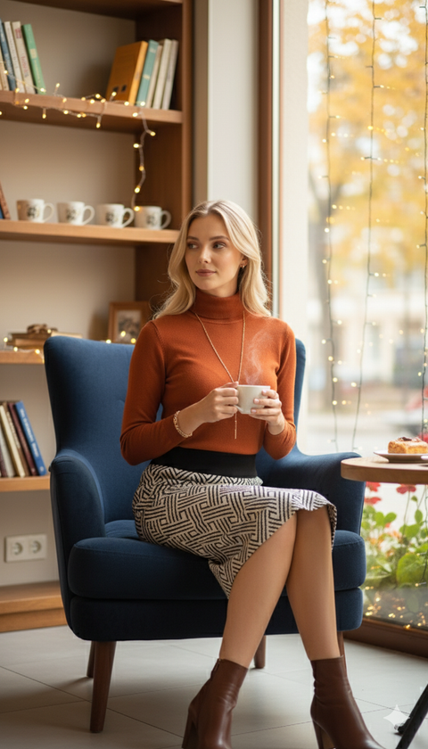 Beyaz siyah desenli midi boy kalem etek