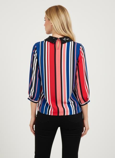 Çizgili yakası pul detaylı bluz