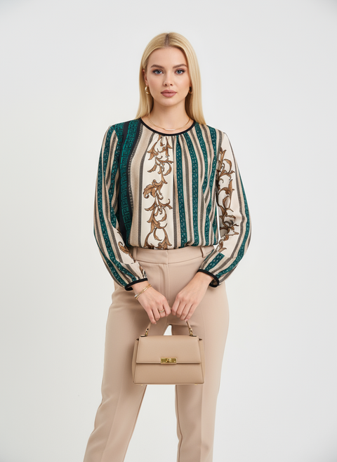 Yeşil kahve desenli kolları bağlamalı bluz