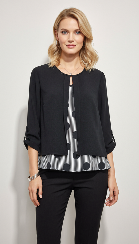 İki katlı siyah içi daire desenli uzun kol bluz