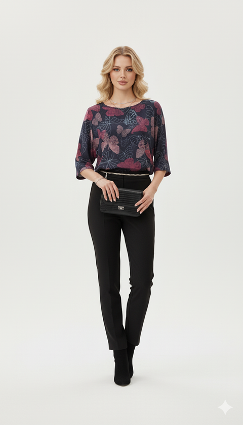 Kelebek desenli lacivert yarım kol bluz