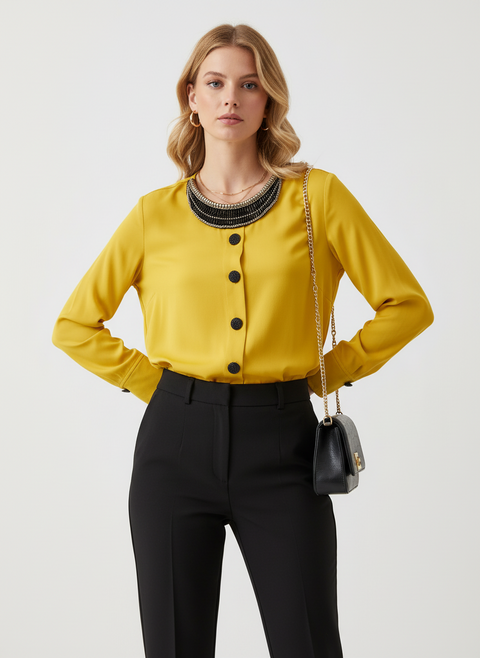 Yakası taş detaylı sarı bluz