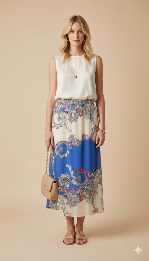Krem mavi karışımlı karışık renk desenli beli lastikli maxi etek
