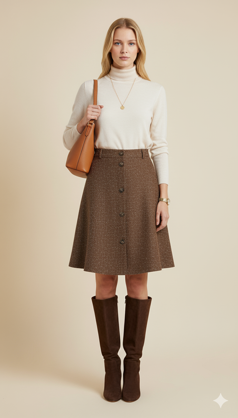 Önü düğme detaylı beli lastikli kahverengi etek