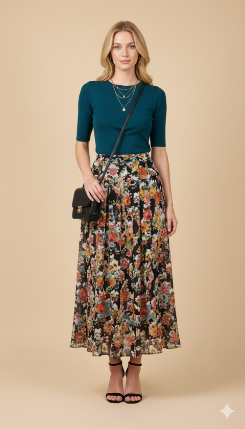 Siyah üzerine renkli çiçek detaylı yan fermuarlı kalın pileli içi astarlı maxi şifon etek