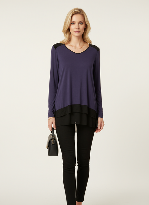 Altı siyah tüllü omzunda kadife detay mor bluz