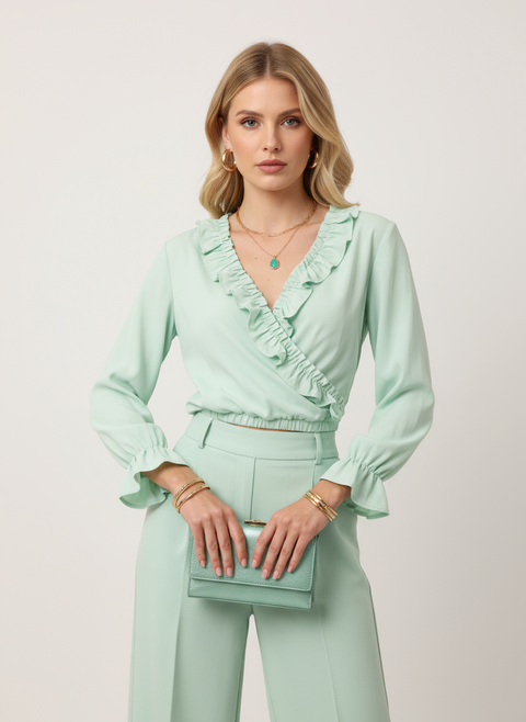 Su yeşili önü fırfır detaylı bluz