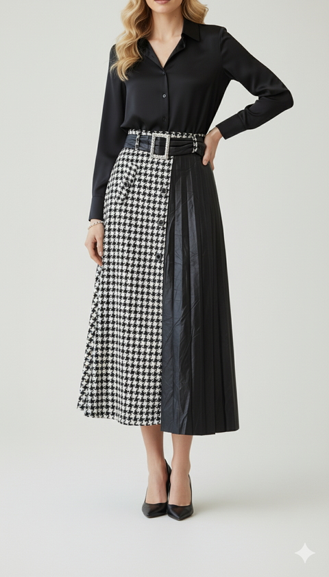 Yan kısmı deri kemer detaylı kaz ayağı desenli maksi boy etek