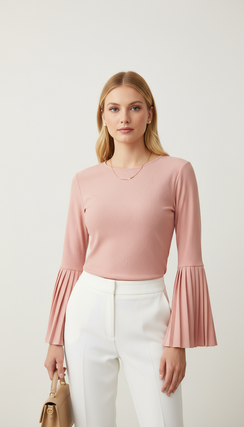 Kol uçları pileli volanlı pembe bluz