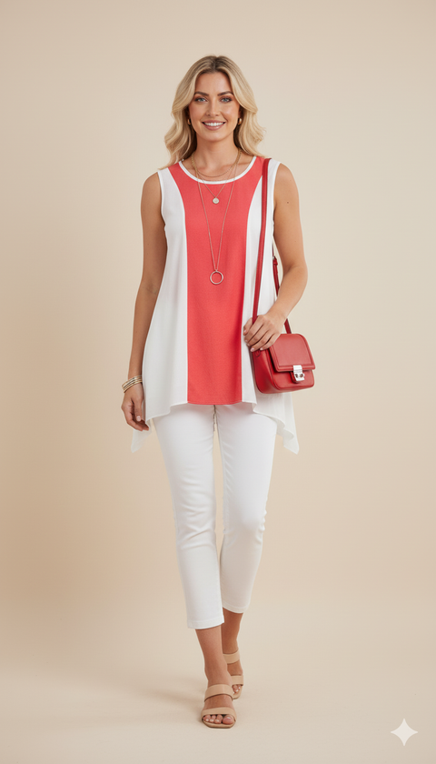 Kımızı Şeritli Sıfır Kollu Bluz