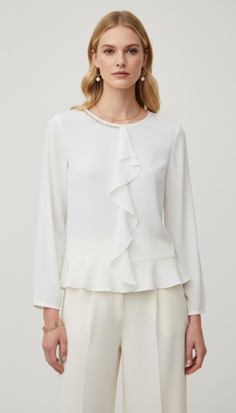 Krem rengi yakası tek taraflı gold çember detaylı orta kısmı ve tek uç tarafı fırfır detaylı bluz