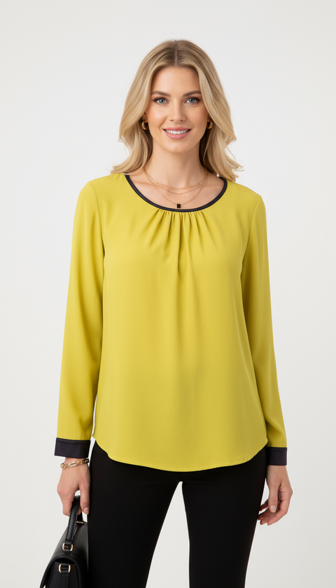 Yakası ribana geçişli kol uçları siyah şeritli yağ yeşili bluz