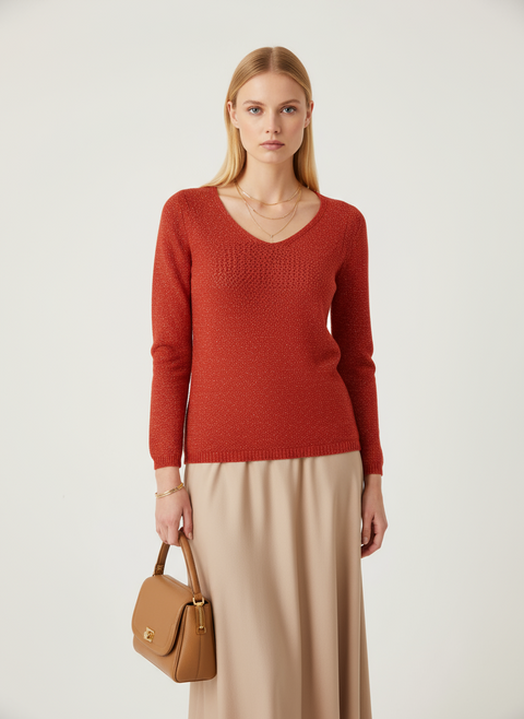 Sim örgü detaylı kırmızı kazak